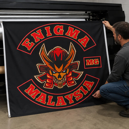 Motorcycle club members use a custom rectangular flag for artwork & printing style in a realistic American V-twin setting.