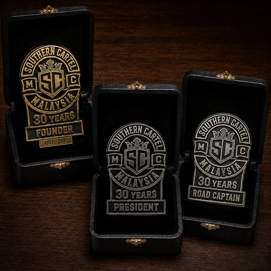 Southern Cartel motorcycle club founder, president and road captain 30-year anniversary badges in presentation cases.