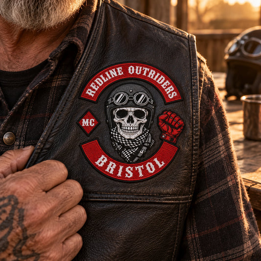 Heritage-style embroidered chest patch preserving only the approved logo wording and date details for a motorcycle club, shown at weathered wooden clubhouse table.