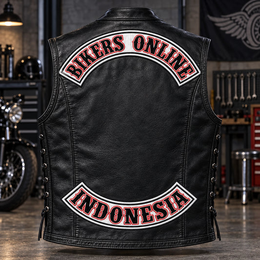 Complete black leather motorcycle vest displaying Gothic lettering on custom motorcycle club top and bottom rockers.