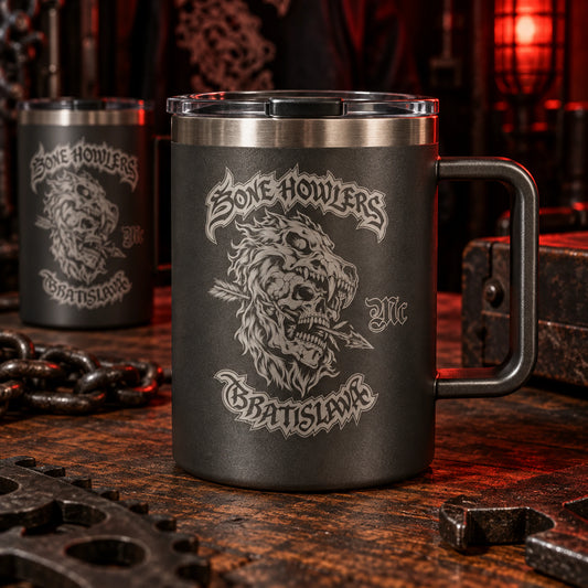 Powder-coated handled metal tumbler with lid displaying an authorized logo for a custom motorcycle club metal mug project.