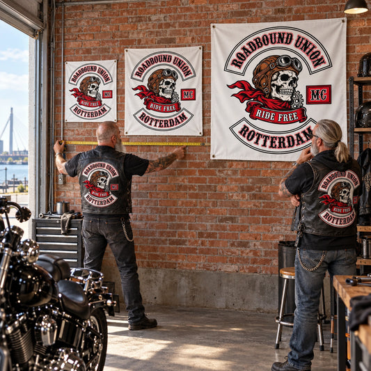 Two motorcycle club members measure a garage wall while comparing three custom hanging flag sizes.