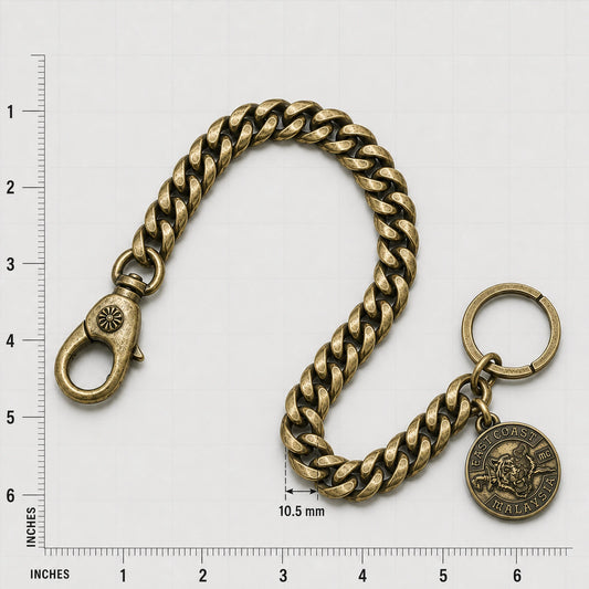 Heavy antique brass biker wallet chain showing a 10.5 millimeter link-width measurement and motorcycle club tag.
