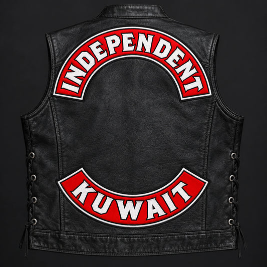 Motorcycle club product: Complete leather vest with high-density embroidered motorcycle club rockers.