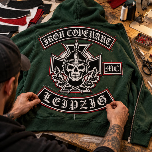 Applique and tackle twill featuring a custom motorcycle club hoodie with authorized club artwork.