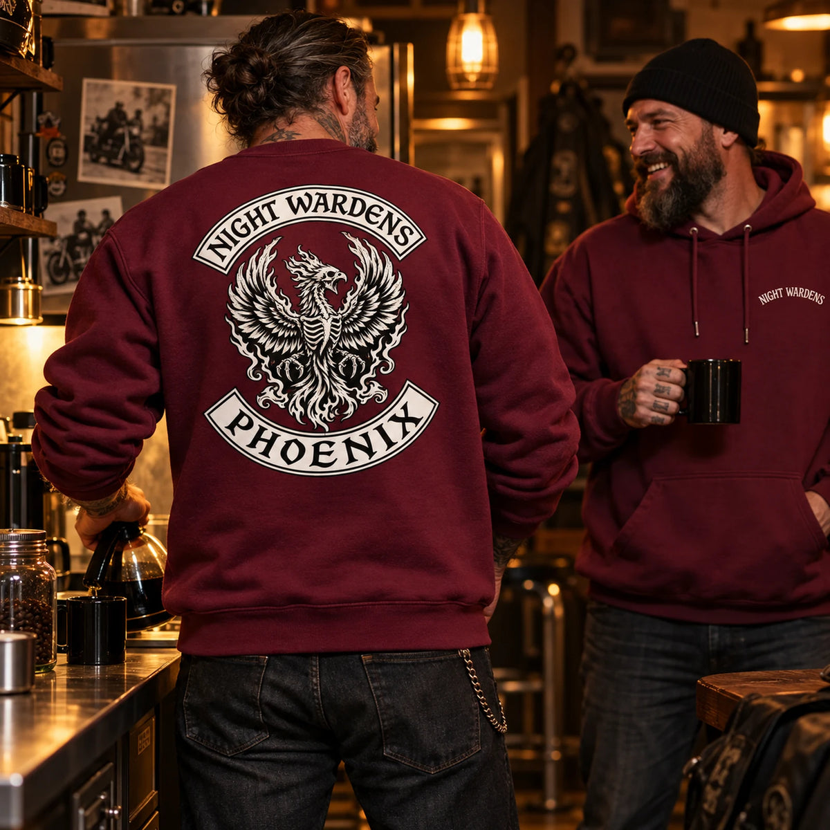 Burgundy club sweatshirt featuring a custom motorcycle club hoodie with authorized club artwork.