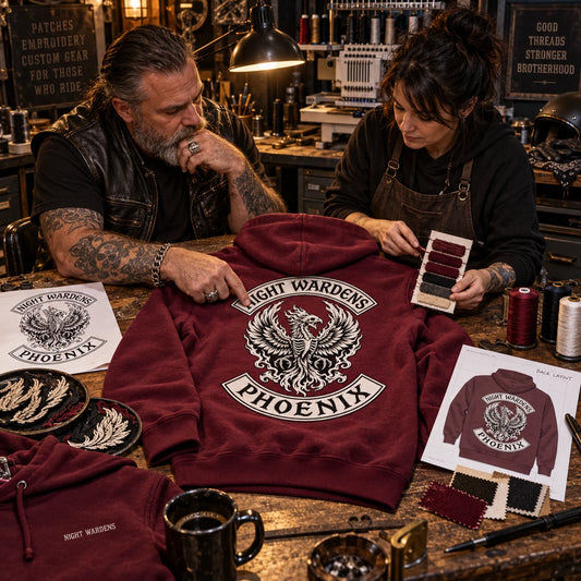 Review approved club artwork before production featuring a custom motorcycle club hoodie with authorized club artwork.