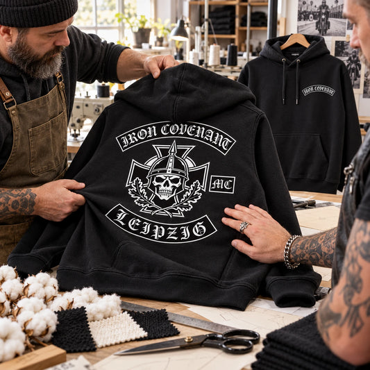 100 percent cotton fabric featuring a custom motorcycle club hoodie with authorized club artwork.