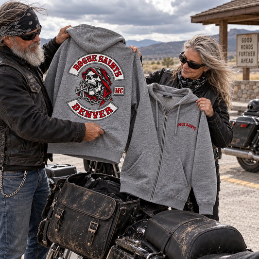 Cotton-polyester blend featuring a custom motorcycle club hoodie with authorized club artwork.