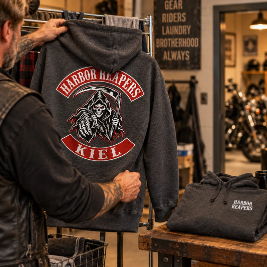 Cotton-rich fleece featuring a custom motorcycle club hoodie with authorized club artwork.