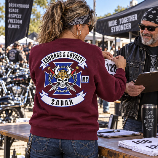 Crewneck club sweatshirts featuring a custom motorcycle club hoodie with authorized club artwork.