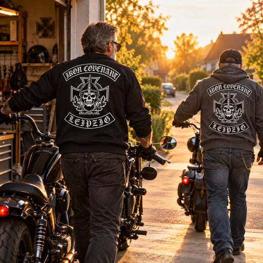 Everyday club and riding wear featuring a custom motorcycle club hoodie with authorized club artwork.