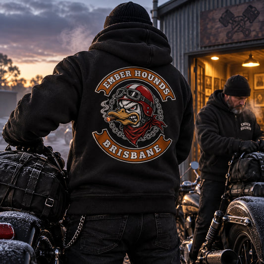 400 to 420 GSM extra heavyweight hoodie featuring a custom motorcycle club hoodie with authorized club artwork.