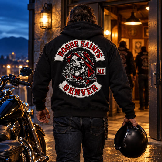 Full back design placement featuring a custom motorcycle club hoodie with authorized club artwork.