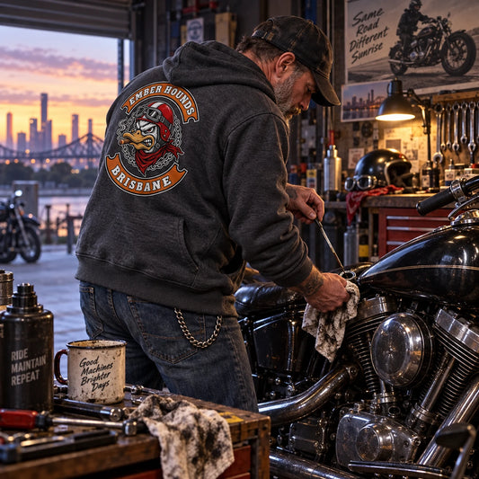 Full-zip club hoodies featuring a custom motorcycle club hoodie with authorized club artwork.