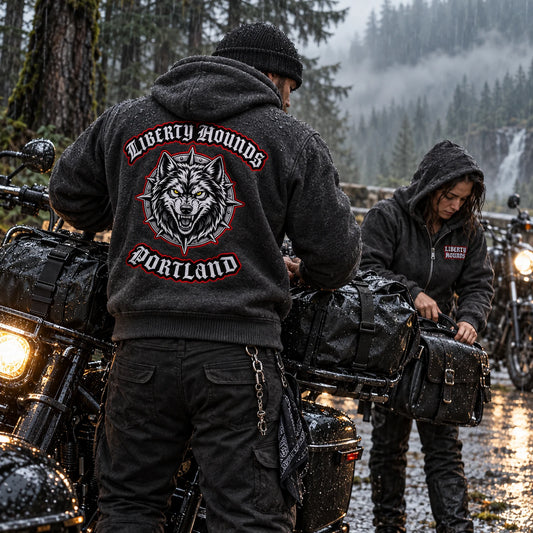 330 to 350 GSM heavyweight hoodie featuring a custom motorcycle club hoodie with authorized club artwork.