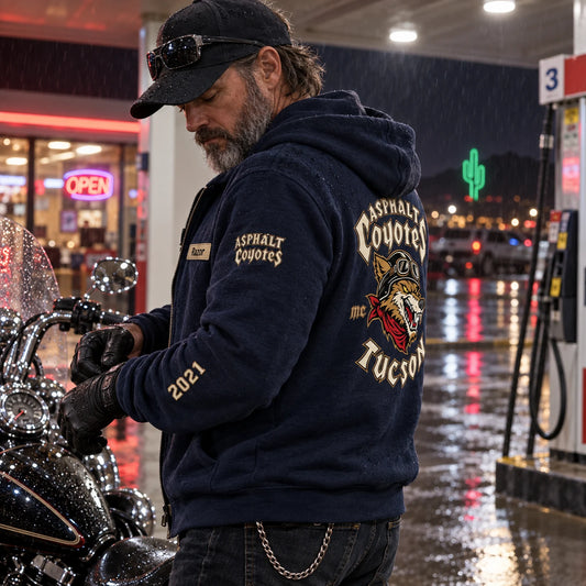 Individual member names, years and chapter details featuring a custom motorcycle club hoodie with authorized club artwork.