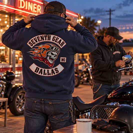 280 GSM midweight hoodie featuring a custom motorcycle club hoodie with authorized club artwork.