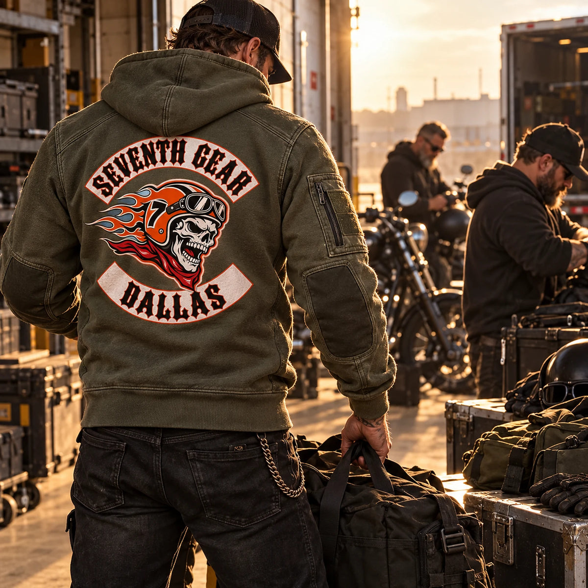 Military-inspired reinforced hoodie featuring a custom motorcycle club hoodie with authorized club artwork.
