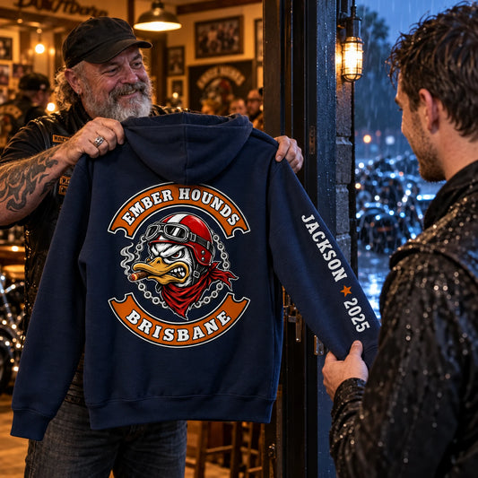 New-member apparel featuring a custom motorcycle club hoodie with authorized club artwork.