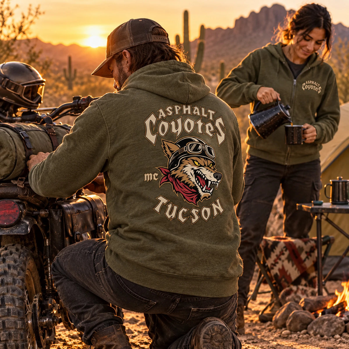 Olive French-terry hoodie at desert camp featuring a custom motorcycle club hoodie with authorized club artwork.