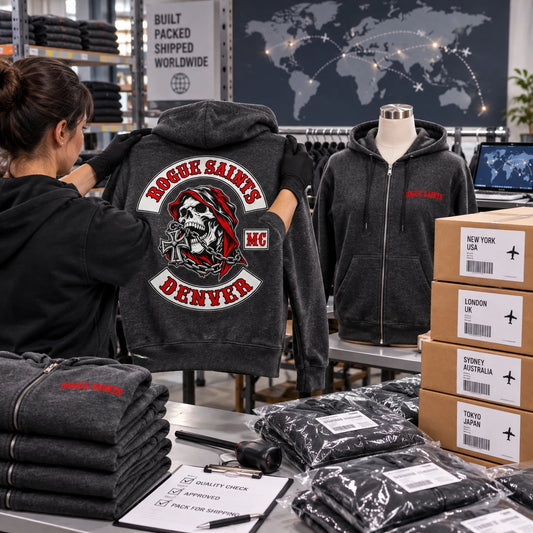 Production quality control and worldwide shipping featuring a custom motorcycle club hoodie with authorized club artwork.