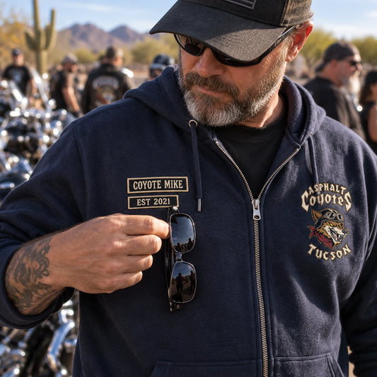 Right chest member details featuring a custom motorcycle club hoodie with authorized club artwork.