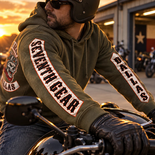 Long club name and region sleeve decoration featuring a custom motorcycle club hoodie with authorized club artwork.