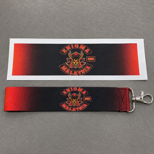 A full-color transfer proof beside a matching dye-sublimated motorcycle club lanyard.