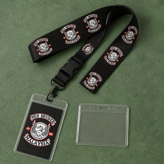 Portrait and landscape badge holders displayed beside a matching motorcycle club lanyard.