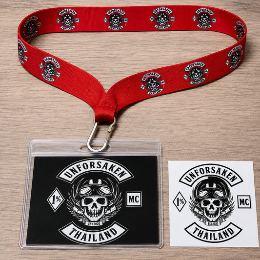 A motorcycle club lanyard, event credential and paper artwork proof in a coordinated color scheme.