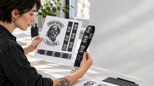 A designer checking a North Ritual lanyard sample against matching artwork proofs.