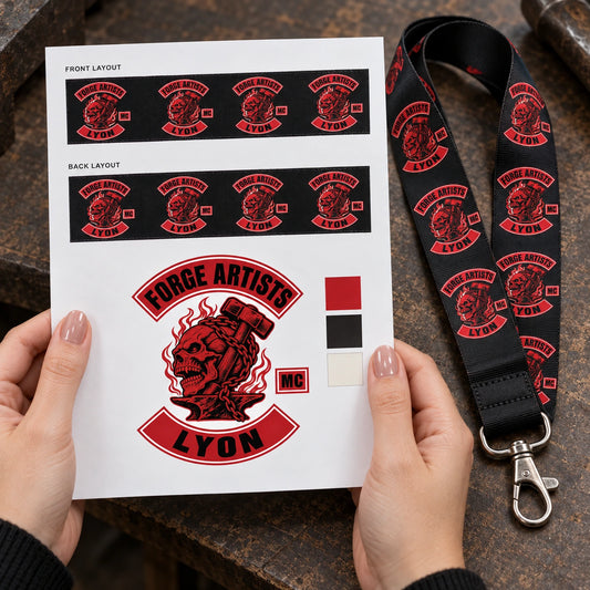 Hands reviewing a Forge Artists lanyard proof beside the matching physical sample.