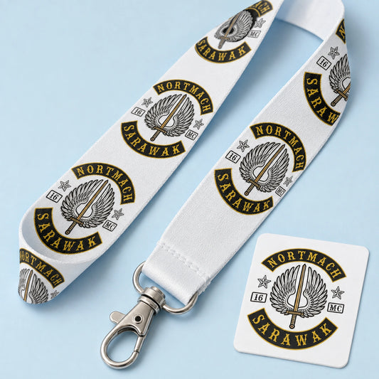 A full-color dye-sublimated motorcycle club lanyard showing smooth artwork and a stitched hook attachment.