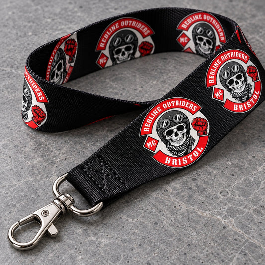 Close-up of a printed polyester motorcycle club lanyard showing fabric weave, logo repeat and swivel clasp.