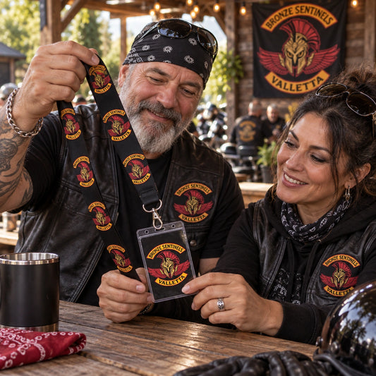 Riders inspecting a club-logo lanyard and keepsake pass at an anniversary gathering.