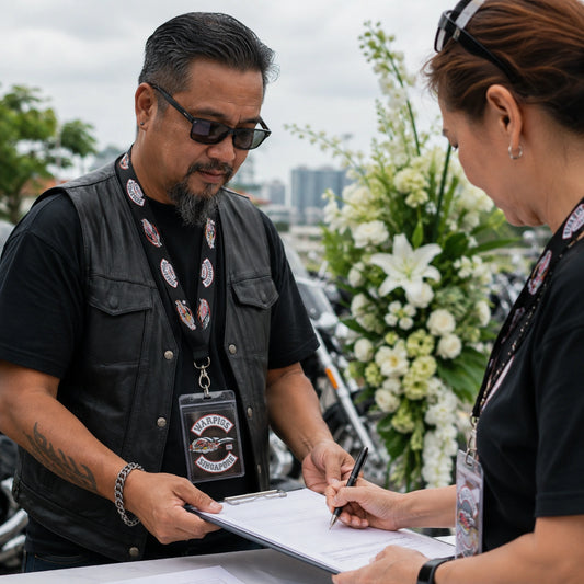 Motorcycle ride participants wearing club-logo credentials beside a registration and memorial table.