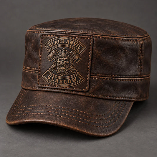 Dark brown leather military cadet cap with a debossed authorized club patch.