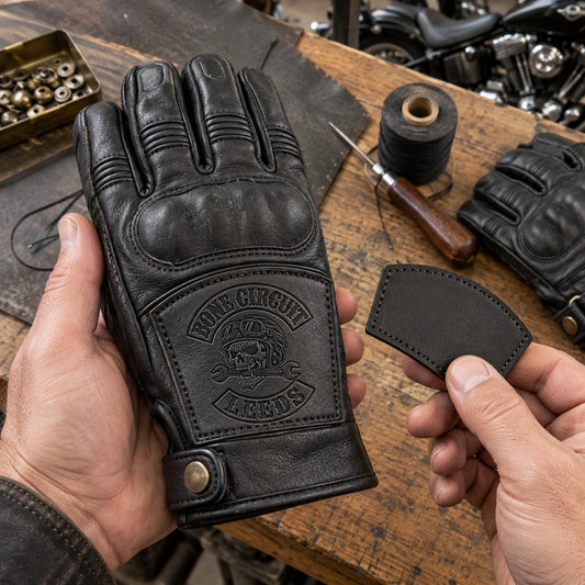 Matte black short-cuff cowhide leather glove with restrained motorcycle club branding in clean patch assembly bench with thread and an unbranded blank patch sample.
