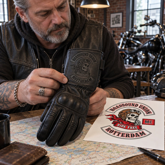 Black full-finger cowhide leather gauntlet glove with restrained motorcycle club branding in brick clubhouse map table with a folded regional road map.