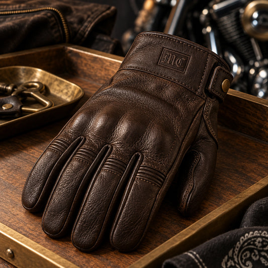 Dark brown short-cuff cowhide leather glove with restrained motorcycle club branding in walnut-and-brass sample tray.