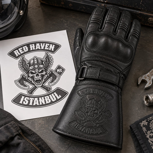 Black cowhide gauntlet leather glove with restrained motorcycle club branding in graphite design review table with one authorized source print and one finished glove.