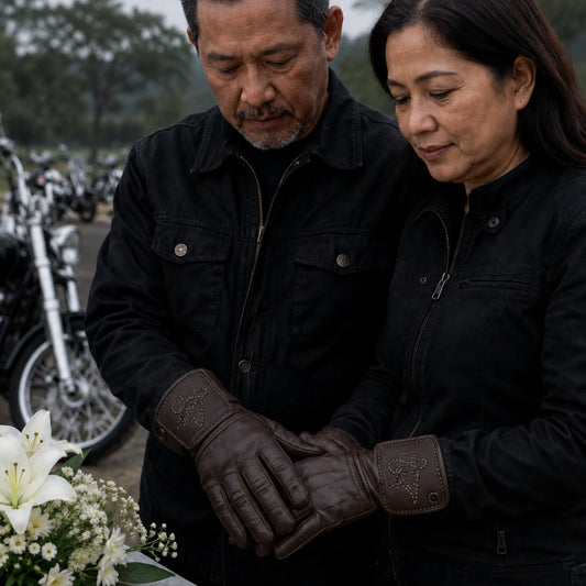 Riders wear brown gloves with sparse monochrome cowboy embroidery at a quiet memorial and charity ride gathering.