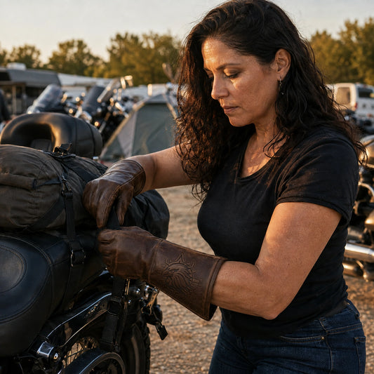 A rider in brown gauntlet gloves with tonal pressed cuff emblems prepares her parked motorcycle for a rally trip.
