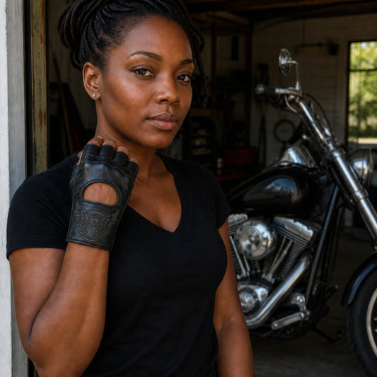 Fingerless black leather club gloves show exposed fingertips and a charcoal laser-engraved wrist emblem.