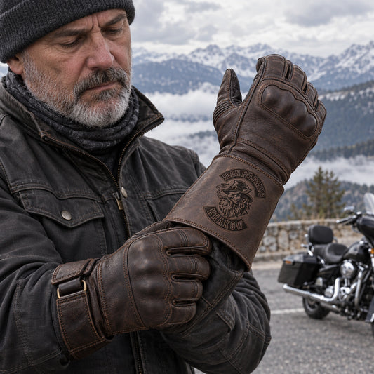 Dark brown full-finger cowhide leather gauntlet gloves with an extended cuff with restrained motorcycle club branding in cold mountain overlook with an unbranded touring V-twin parked safely.