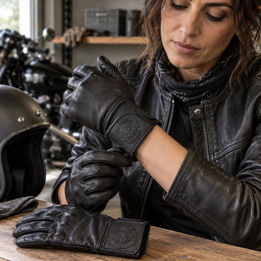 Black short-cuff goatskin leather gloves ending just at the wrist with restrained motorcycle club branding in clean garage gear shelf beside a plain helmet.