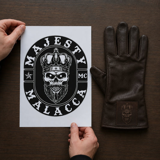 A club logo printout sits beside a leather glove sample during artwork review.