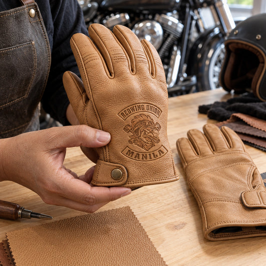 Natural tan short-cuff goatskin leather glove with fine pebbled grain with restrained motorcycle club branding in bright maple leather sampling table.