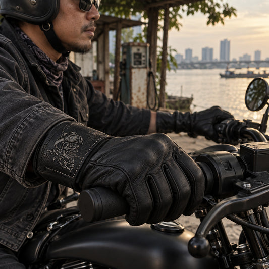 Matte black full-finger goatskin leather gloves with anatomically curved fingers and sewn gussets with restrained motorcycle club branding in shaded riverside fuel stop with an unbranded motorcycle parked.